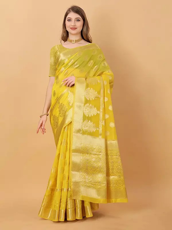 Soft Organza Silk Floral Woven Motifs Wide Border Beautiful Festive Wear Saree