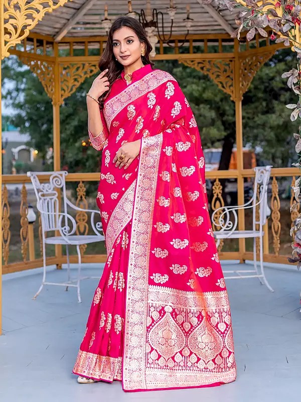 Floral Woven Motifs Attractive Banarasi Satin Silk Saree With Contrast Rich Pallu