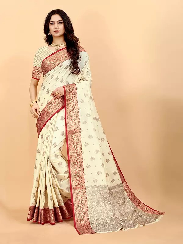 Ethnic Woven Motifs Soft Slub Silk Floral Border Festive Wear Attractive Saree