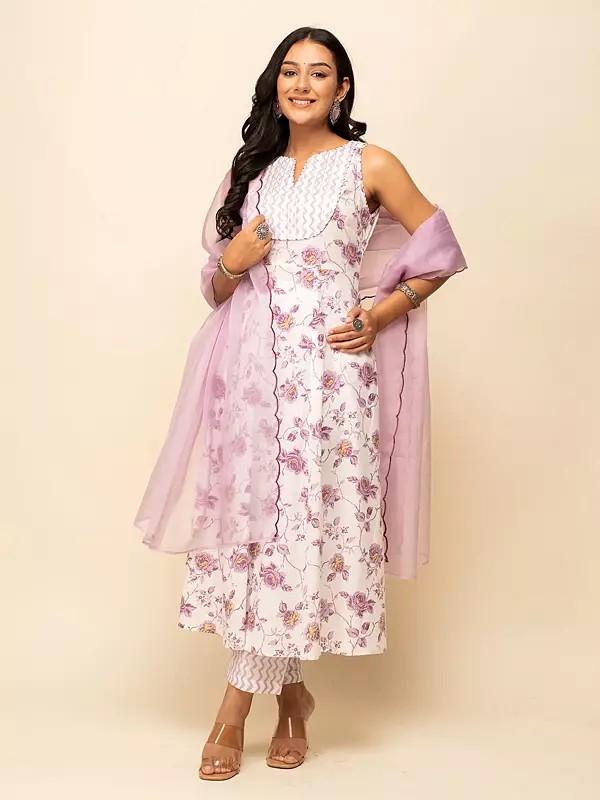 Cotton Floral Printed All Over & Lace Work Attractive Party Wear Kurta With Bottom And Dupatta