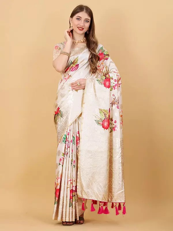 Floral Design Printed With Zari Weaving Work Soft Silk Saree With Tassels Pallu