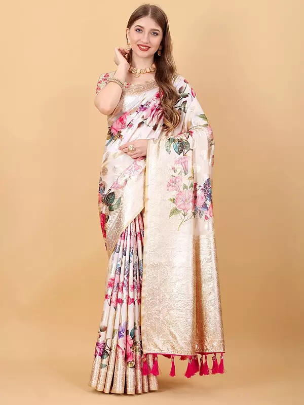 Zari Weaving Work And All Over Floral Print Soft Silk Festive Wear Saree With Tassels Pallu