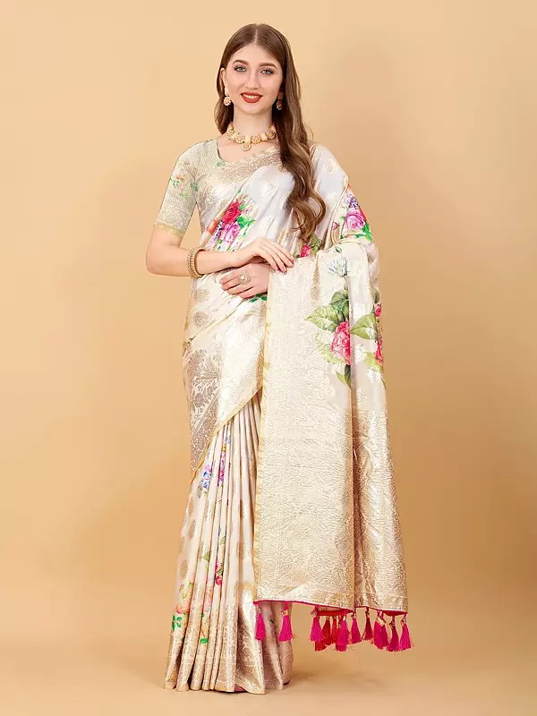 Big Flower Print And Zari Weaving Work Soft Silk Festive Wear Saree With Tassels Pallu
