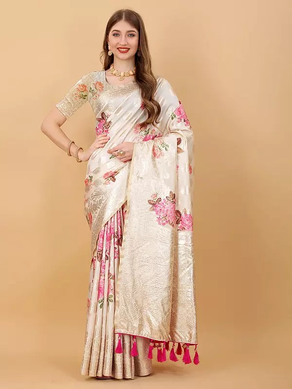 Attractive Soft Silk Floral Print All Over Zari Weaving Work Saree With Tassels Pallu