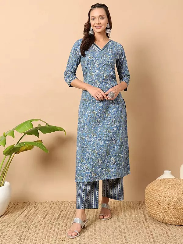Cotton Paisleys Motifs Printed And Lace Work Kurta With Straight Pant For Casual Occasion