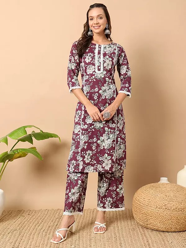 Floral Printed All Over And Lace Work Casual Wear Cotton Kurta With Matching Bottom
