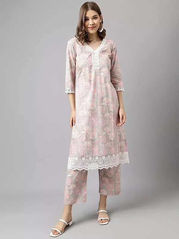 Cotton Floral Printed And Lace Work Attractive Casual Wear V-Neck Co-Ord Kurta Set