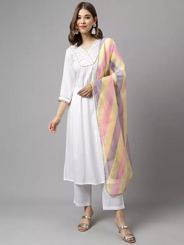 Cotton Lace Work Solid Designer V-Neck Kurta With Matching Bottom And Multicolor Dupatta