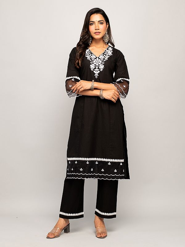 Attractive Floral Embroidery Work On Neck Casual Wear Cotton Kurta With Matching Bottom