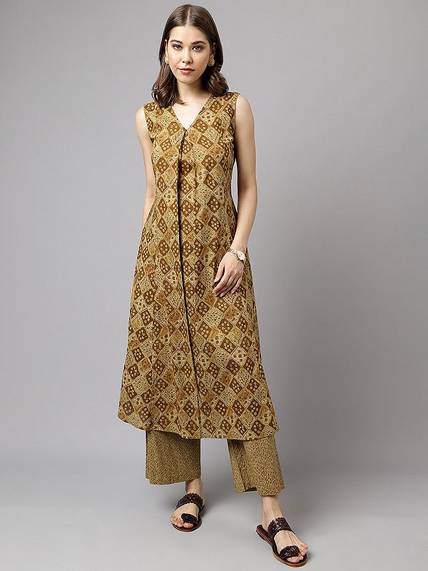 Sleeveless Printed A Line And V-Neck Designer Cotton Kurta With Palazzo