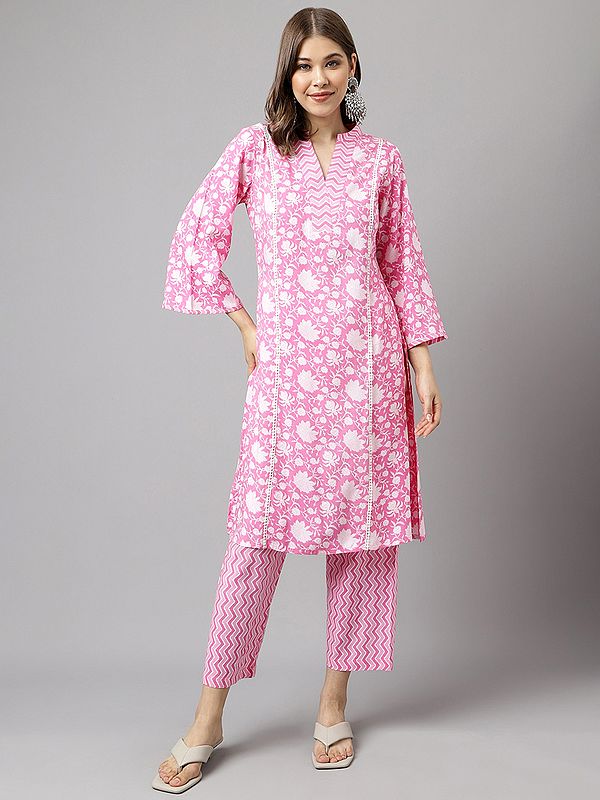 Abstract Print Solid Designer V-Neck Cotton Kurta With Zig-Zag Pattern Palazzo