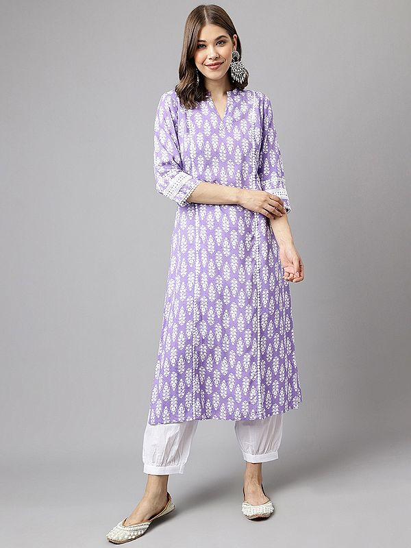 Embroidery And Print Work V-Neck Designer Cotton Kurta With Bottom