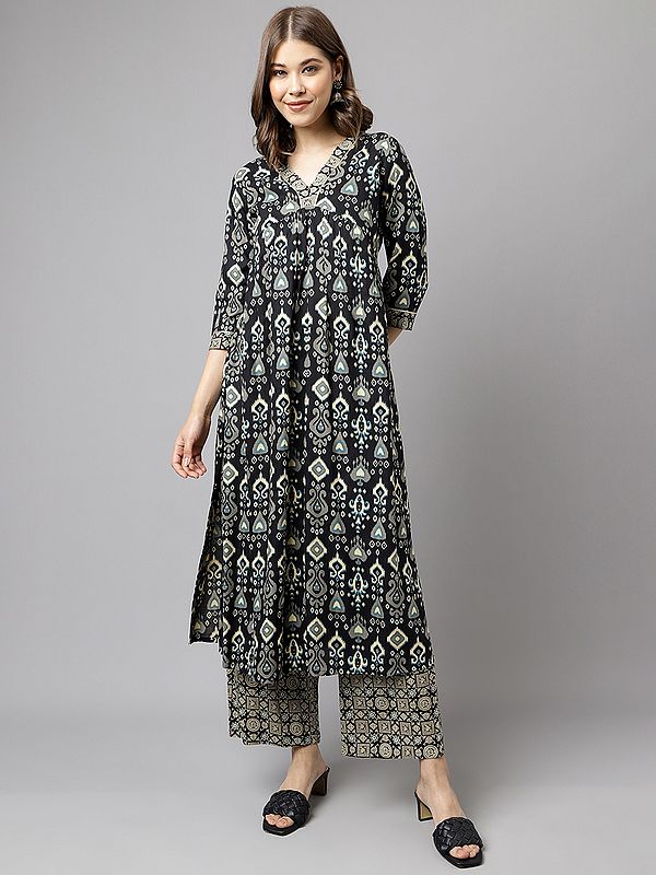 Ethnic Motifs Printed All Over V-Neck Designer Cotton Kurta With Palazzo