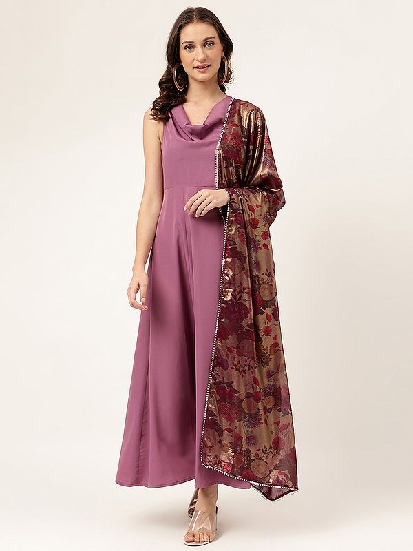 Flared Attractive Indo-Western Poly Crepe Party Wear Gown With Floral Printed Dupatta