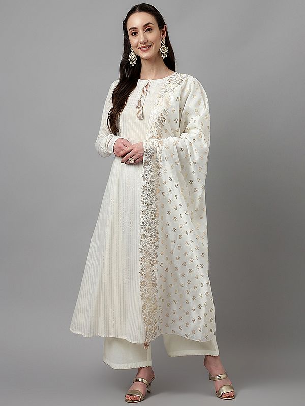 Cotton Flared Strips Pattern Festive Wear Long Kurta Set With Weaving Work Dupatta