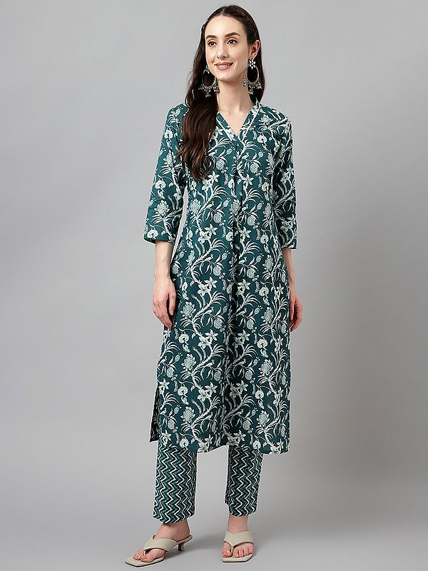 Floral Printed Cotton Attractive Party Wear Kurta With Zig-Zag Pattern Bottom