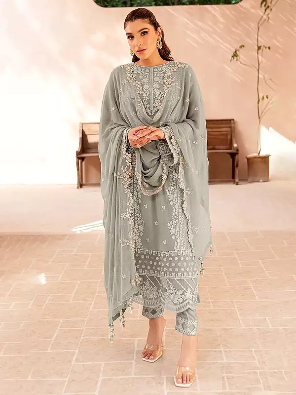 Floral Embroidery And Sequins Work Elegant Festive Wear Georgette Salwar Suit With Dupatta