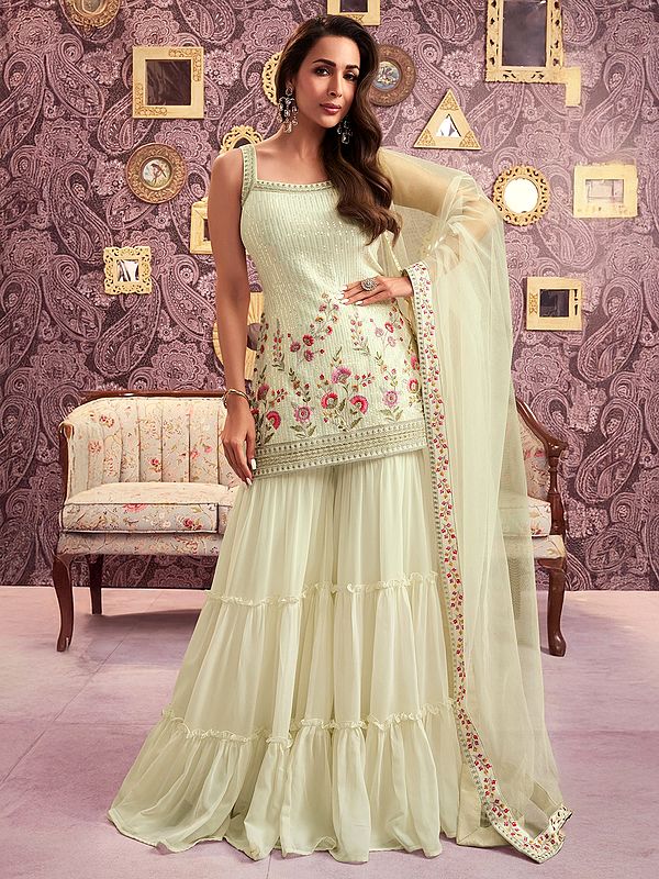 Embroidery Work And Sequence Work Georgette Kurti With Designer Sharara For Casual Occasion