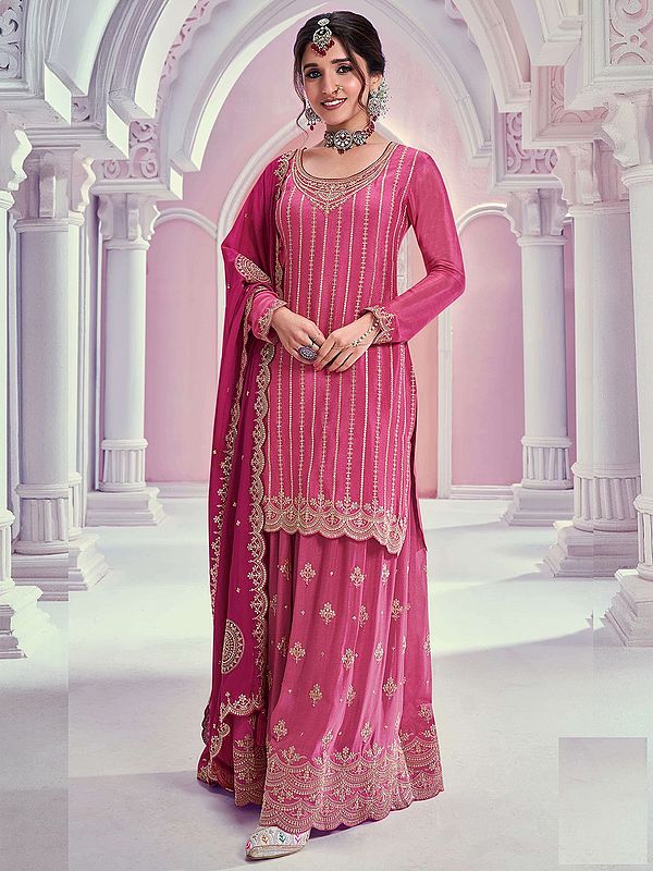 Chinon Sequins & Embroidery Work Designer Kurti With Embellished Sharara And Dupatta