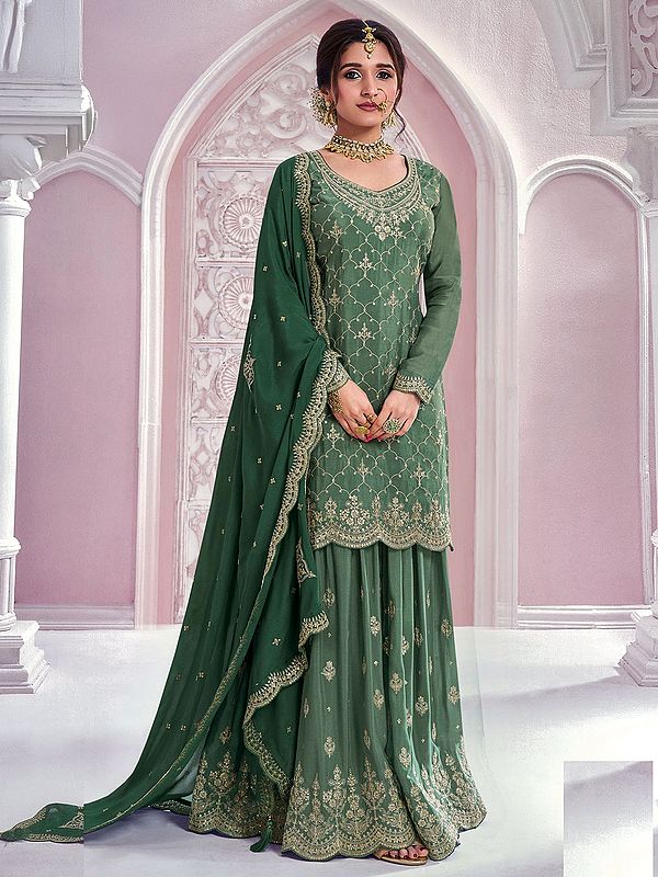 Heavy Sequins & Embroidery Work Chinon Kurti With Embellished Sharara And Dupatta