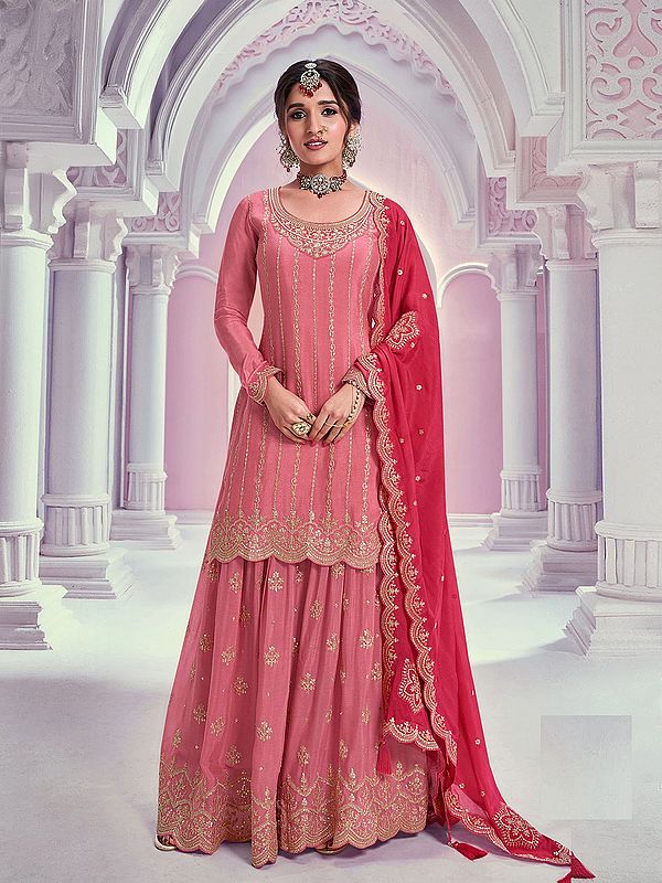 Embroidery & Sequins Work Festive Wear Chinon Kurti With Sharara And Tassels Dupatta