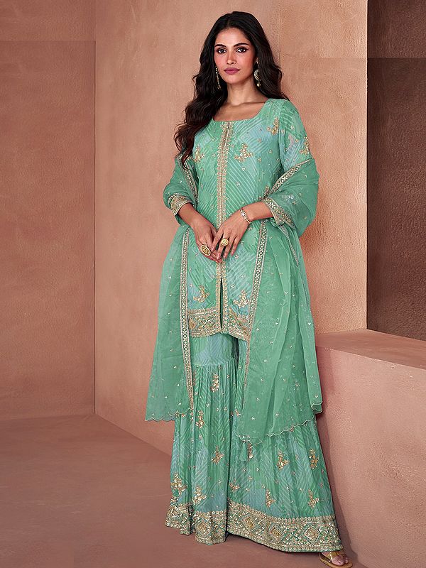 Georgette Embroidery Work Designer Party Wear Palazzo Set With Attractive Tassels Dupatta