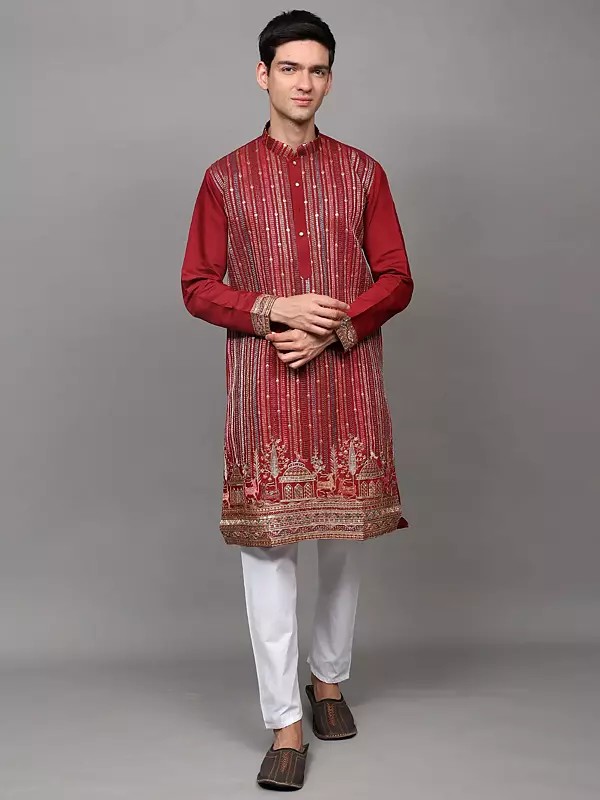 Embroidered Stripes-Deer Wedding Kurta with Sequins work and Pant Style Pajama
