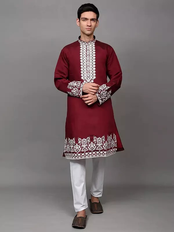 Floral Thread Embroidered Kurta with Elastic Waist White Pajama