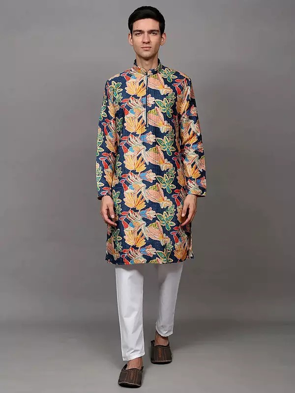 Multicolor Floral Printed Chain Closure Velvet Kurta with Sequins work and Cotton Pajama