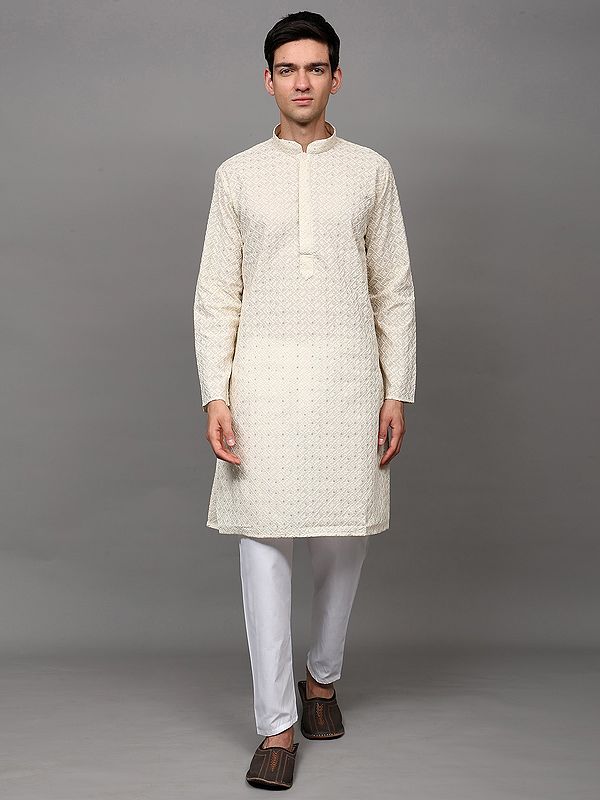 Solitary-Star Lukhnavi Chikankari Embroidered Kurta with Sequin Work and and Pant Style Pajama