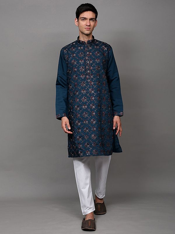 Thread Embroidered Aztec Pattern Kurta with Sequins work and White Pajama
