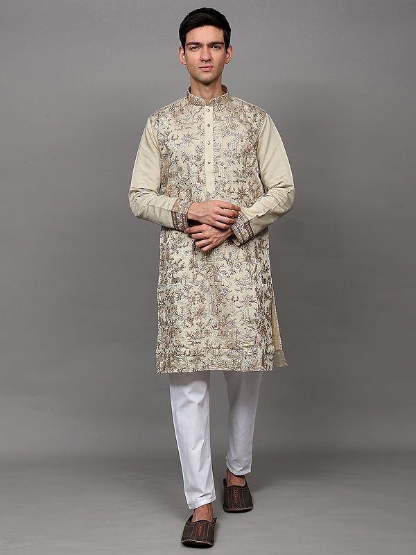 Metallic-Thread Embroidered Kurta Pajama with Floral Fauna Motifs and Sequins work