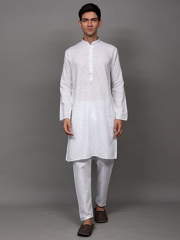 Bright-White Stripe Woven Casual Kurta Pajama Set with Side Pockets