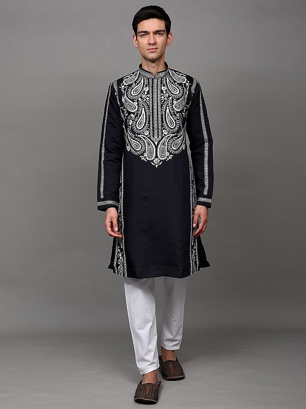 Intricate Thread Embroidered Paisleys Motif Kurta with Pant Style Pajama