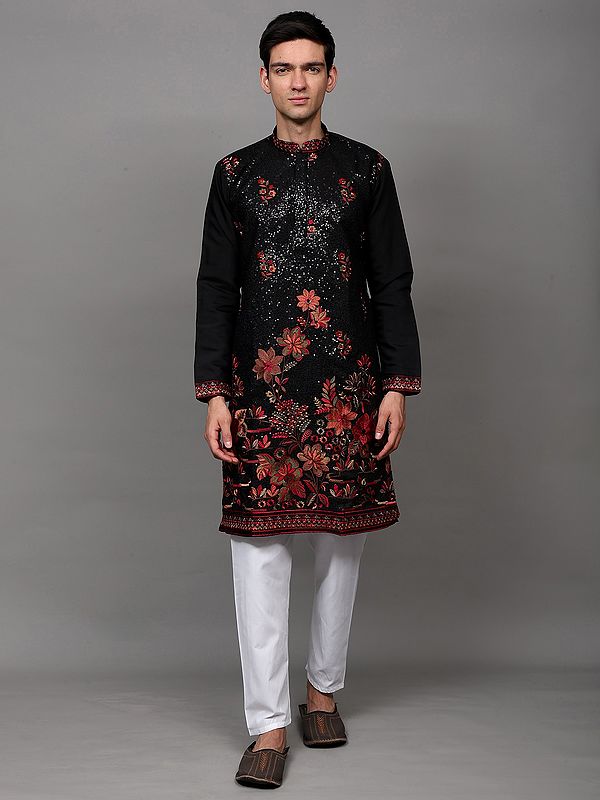 Sequins Embroidered Wedding Kurta Pajama with Thread work Multicolored Flowers