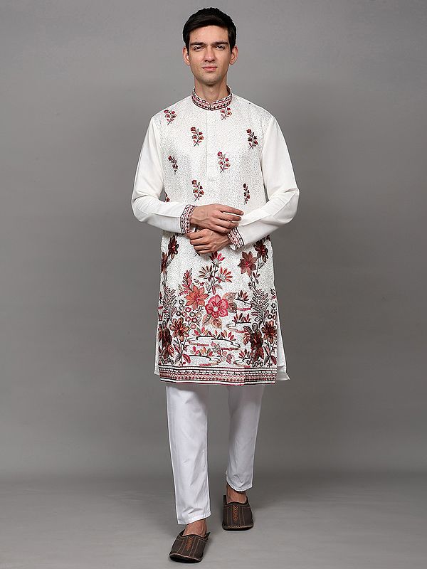 Sequins Embroidered Wedding Kurta Pajama with Thread work Multicolored Flowers