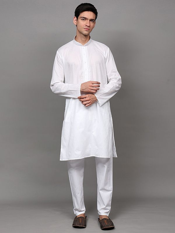 Lucent-White Cotton Kurta Pajama Set with Embroidery on Neck