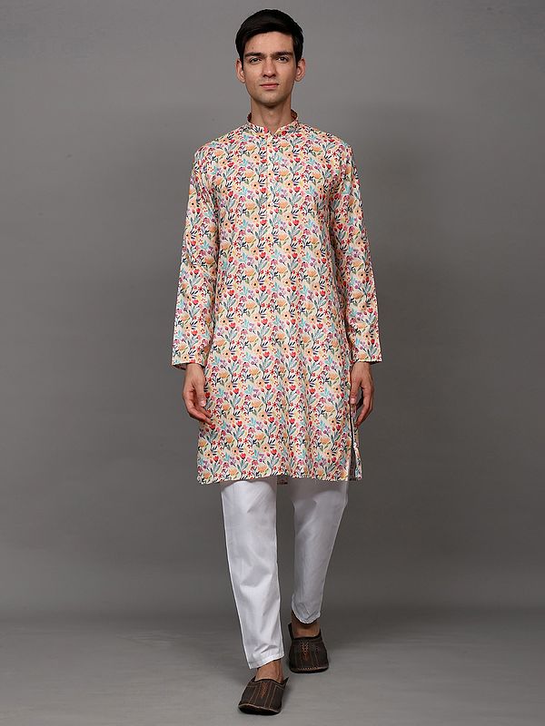 Transparent-Yellow Kurta Pajama Set with Printed Multicolor Floral Leaves