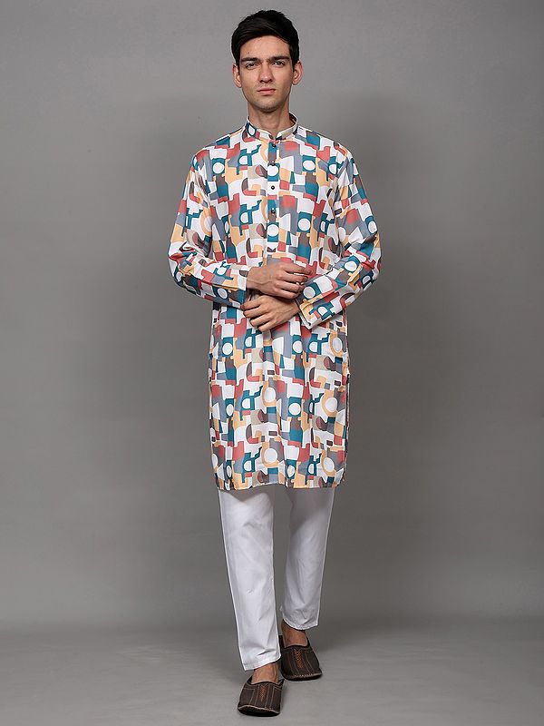 Multicolor Geometric Pattern Print Kurta with White Pajama