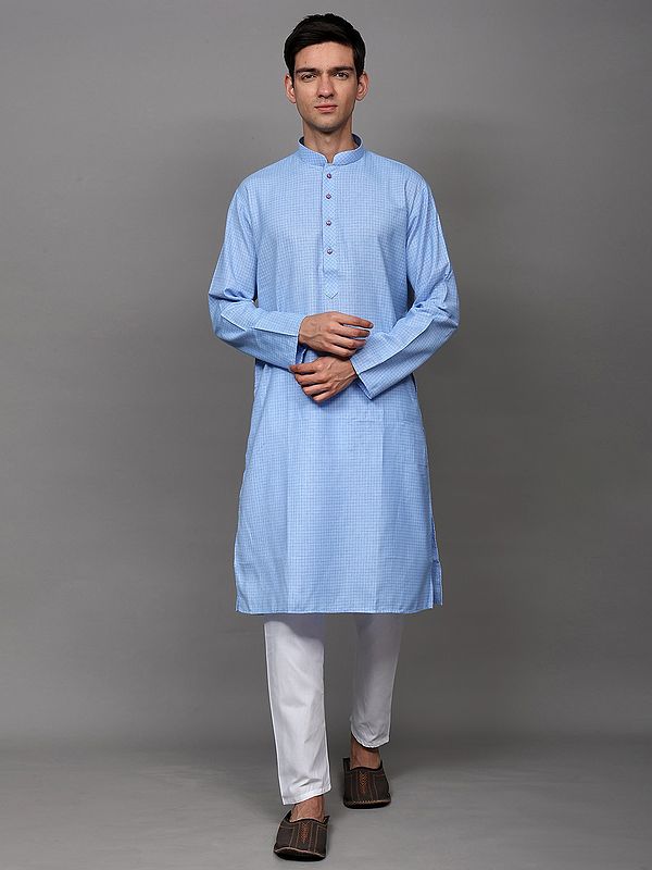 Airy-Blue Casual Kurta Pajama Set with Woven Graph Checks