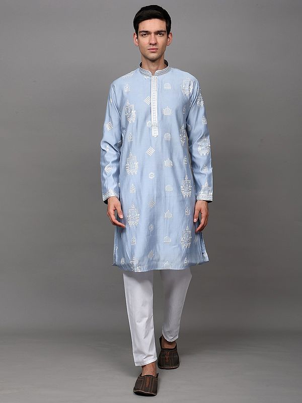 Dream-Blue Sequins-Thread Embroidered Kurta Pajama Set with Side Pockets
