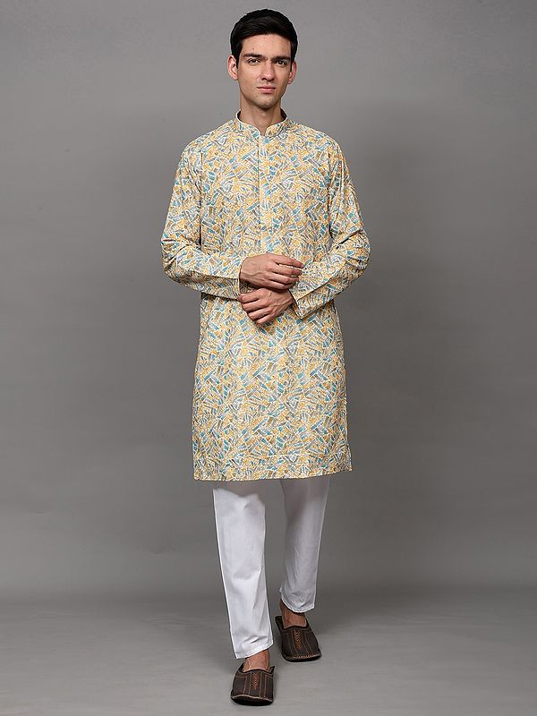 Tri-color Chikankari Embroidered Kurta with Sequins work and Pant Style Pajama