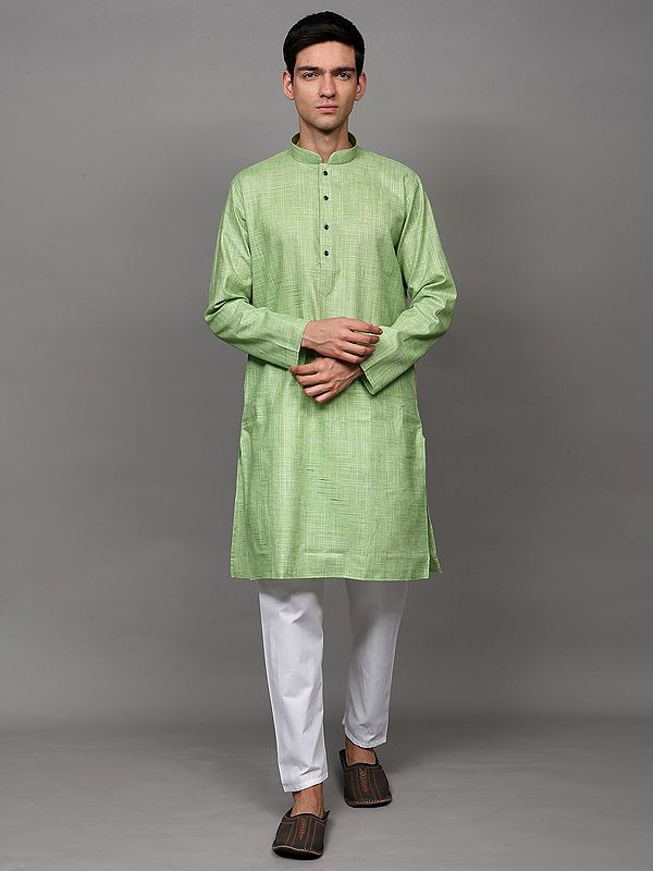 Sap-Green Mandarin Collar Kurta Pajama Set with Stripe Weave