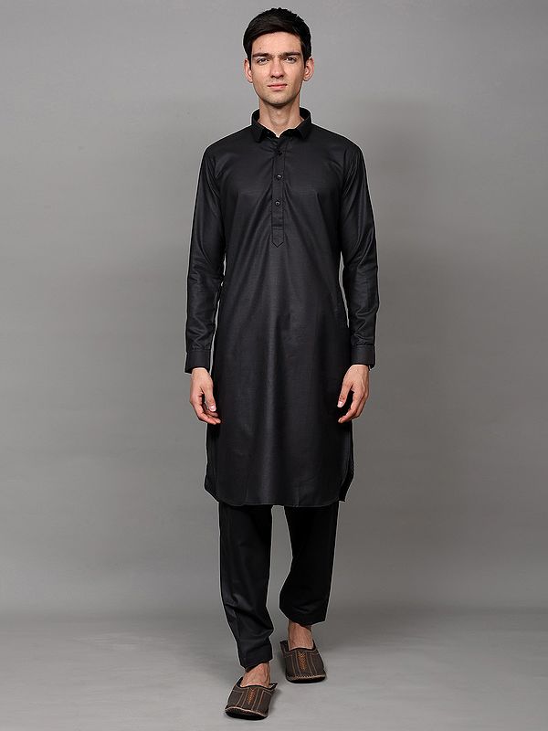 Plain Pathani Kurta Pajama Set with Side Pockets