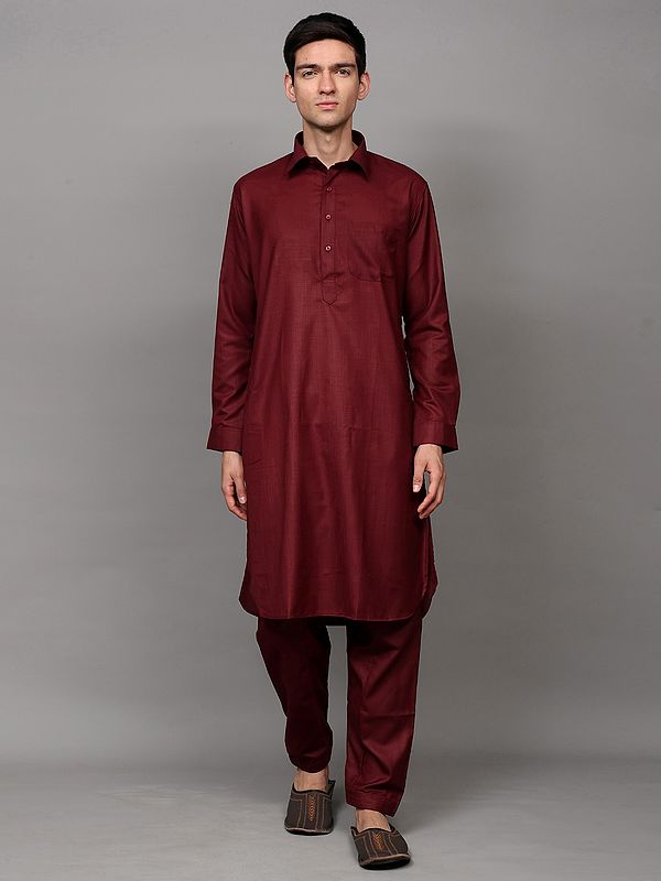 Burnt-Maroon Pathani Style Kurta Pajama Set with Front Pocket