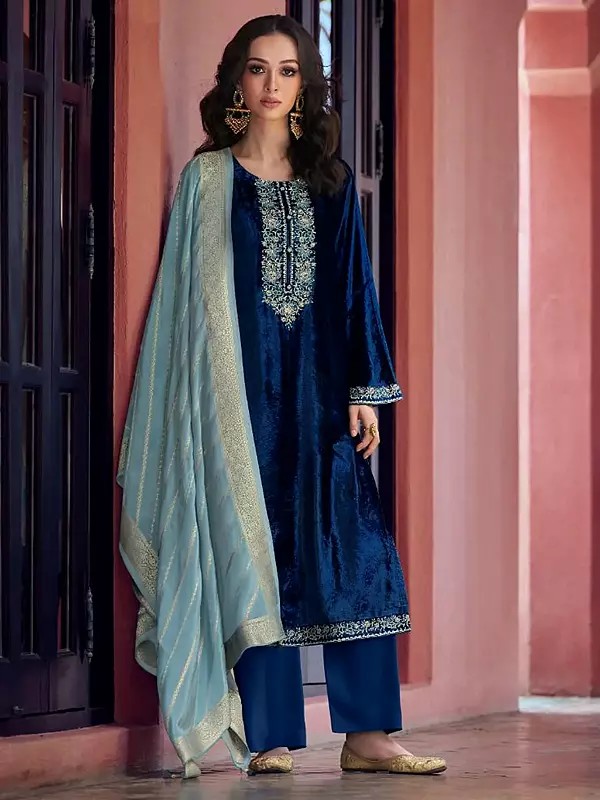 Velvet Embroidery And Sequins Work Round Neck Long Kurta With Matching Bottom And Jacquard Dupatta