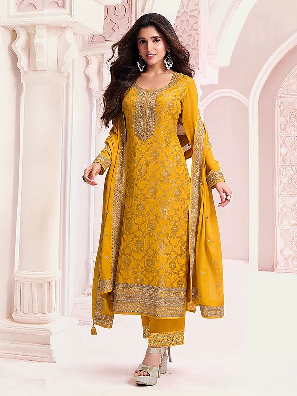 Bee-Yellow Attractive Embroidery And Sequins Work Full Sleeve Festive Wear Salwar Suit With Tassels Dupatta