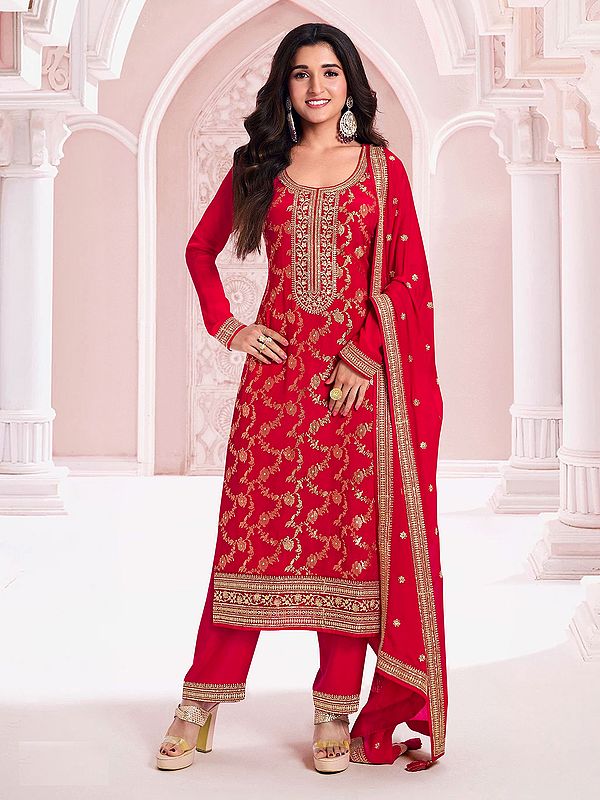 Rich-Carmine Fancy Embroidery Work And Sequins Work Full Sleeve Round Neck Salwar Suit With Matching Dupatta