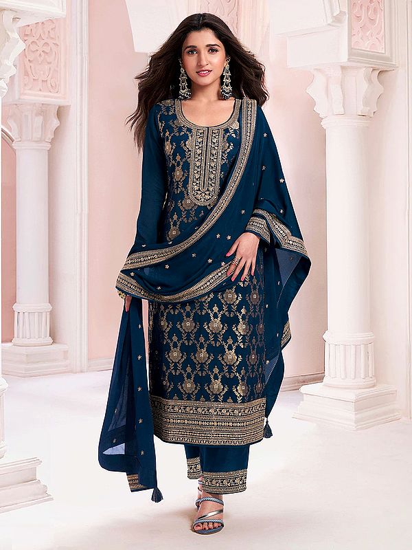 Astronaut-Blue Designer Embroidery Work And Sequins Work Round Neck Festive Wear Salwar Suit With Tassels Dupatta