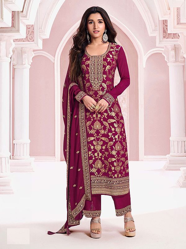Rose-Bud-Cherry Attractive Embroidery And Sequins Work Floral Party Wear Salwar Suit With Matching Tassels Dupatta